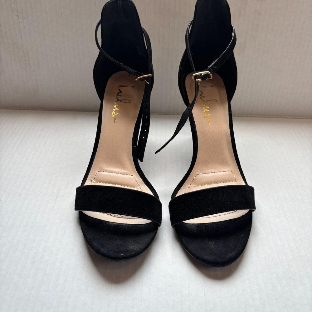 Lulus Strappy Buckle Black Open Toe Heels Size 7.5